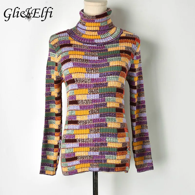 

Gli&Elfi Women Turtleneck Pullover Sweater Multicolor Splice 2019 Spring Winter Knitted Tops Jumper Elastic Plush Thick Knitwear