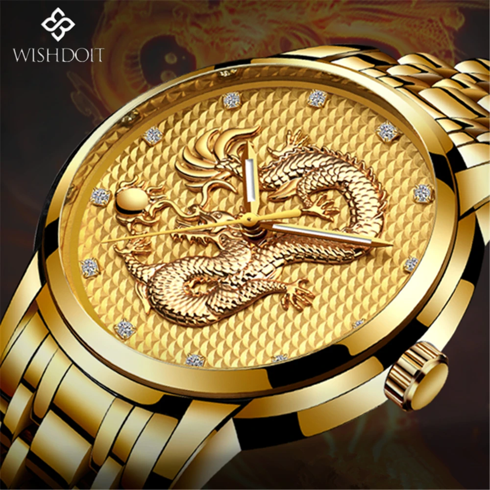 

Men clock Top Brand WISHDOIT Watch Luxury Gold Dragon Sculpture Quartz Watch Men Waterproof Wristwatch relogio masculino