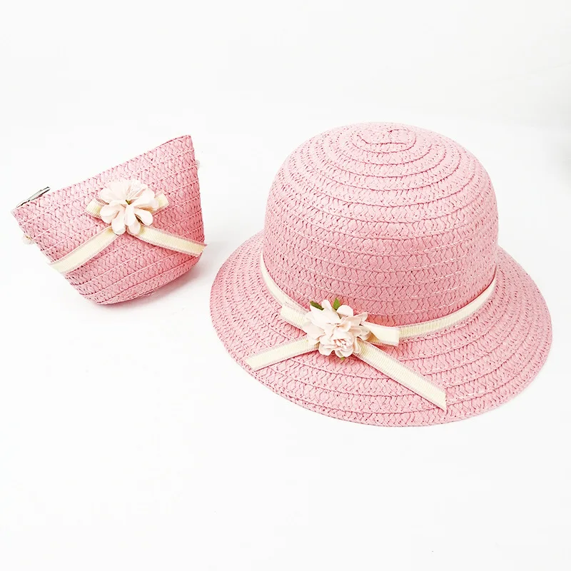 SUEF/ hot new cute rabbit head children straw hat girl princess hat travel student sunshade beach hat two-piece - Цвет: dark pink