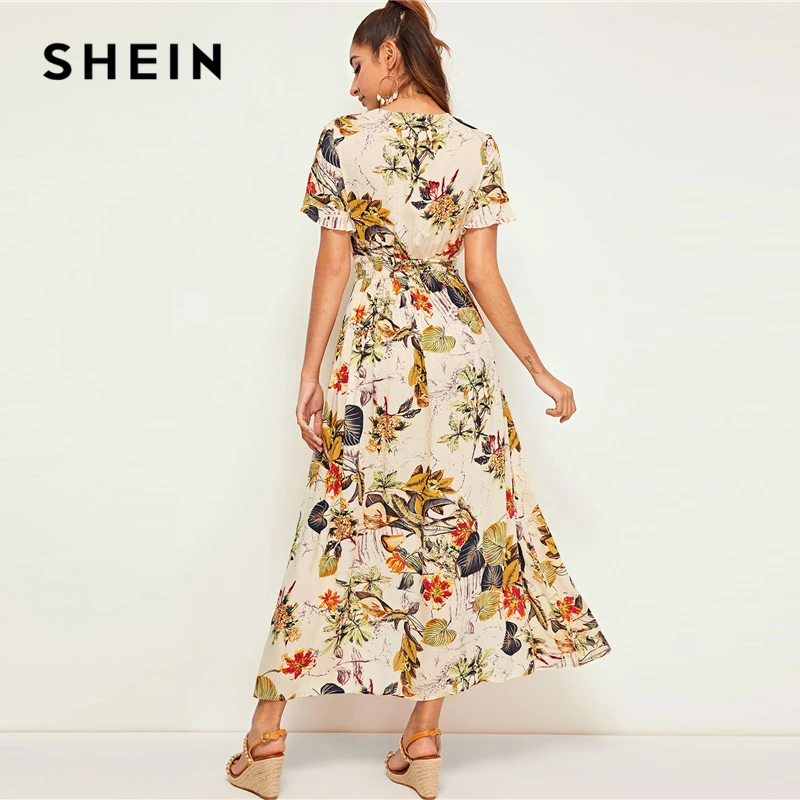 SHEIN платье с тропическим принтом и пуговицами на талии,, Boho, женское, абрикосовое, с рюшами, с завязками спереди, с v-образным вырезом, летнее платье