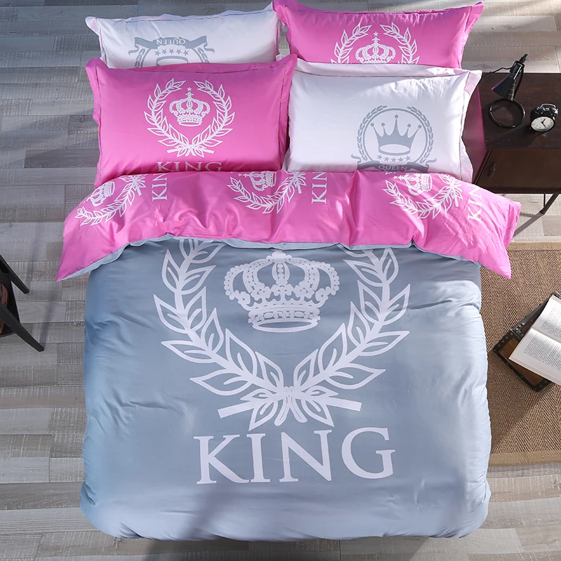 

White KING Crown Cotton Reversible Duvet Cover Set with Flat Sheet and Pillowcases Single Queen King Size Grey & Pink Bedding