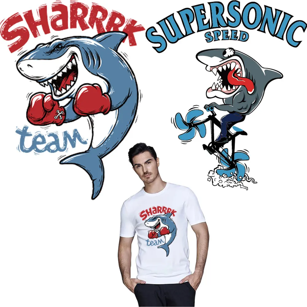 

2 Sizes Cartoon shark painted iron on A-level patches for T-shirt bags heat transfer stickers appliqued badge funny patch