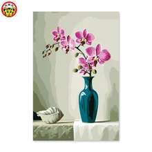 Цифровая картина маслом фалаенопсис ваза стеклянная бутылка керамическая персик красные лепестки
