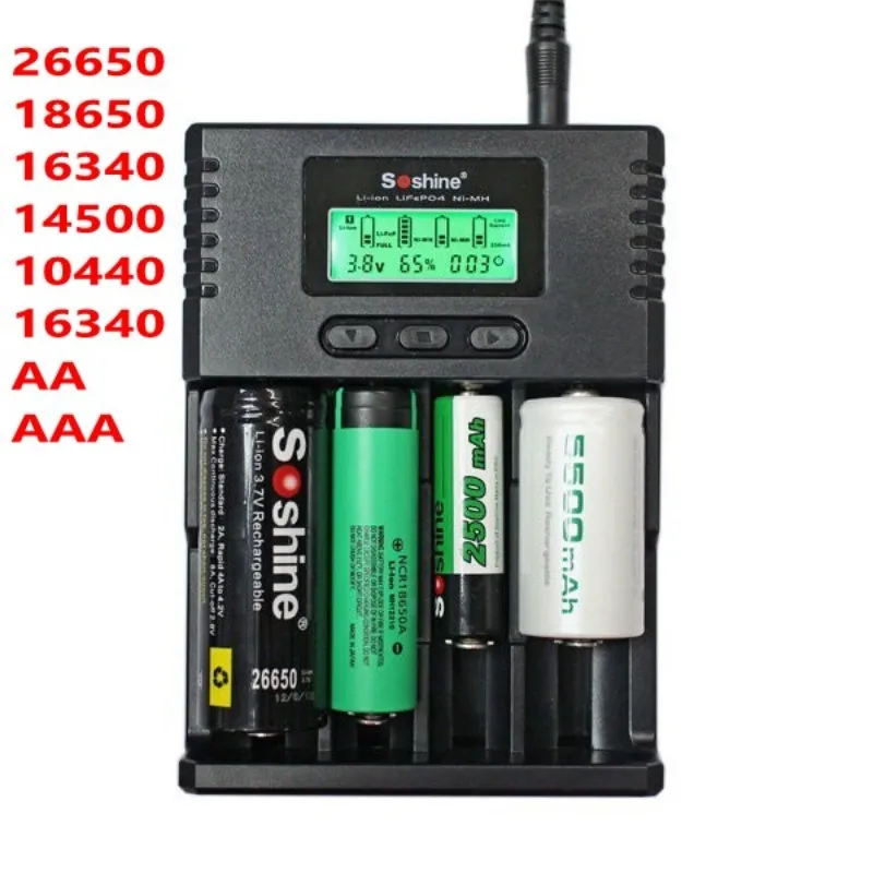 

Soshine H4 Intelligent Battery Charger LCD Digital 4 Slots For 16340 14500 10440 18650 26650 AA AAA C Battery