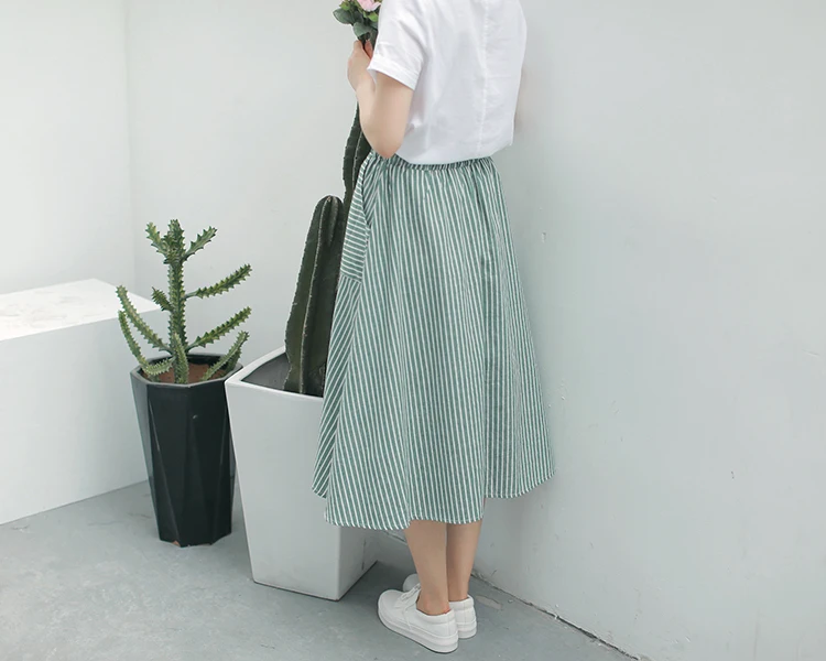 leather skirt Spring Summer Women Vertical stripes Skirts Casual Loose Cotton Linen Female With Pockets Vintage Elastic waist lacing Skirts tennis skirt outfits