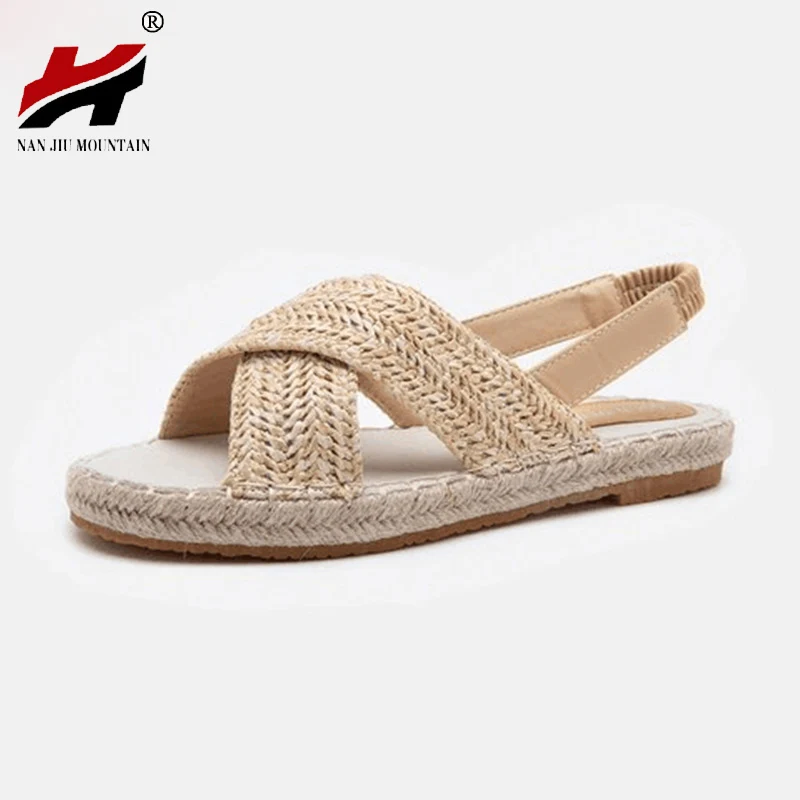 NAN JIU MOUNTAIN Women Sandals 2019 Summer Flat Sandals Casual Rattan Knitting Rear Elastic Band Simple Lady Wind Plus size