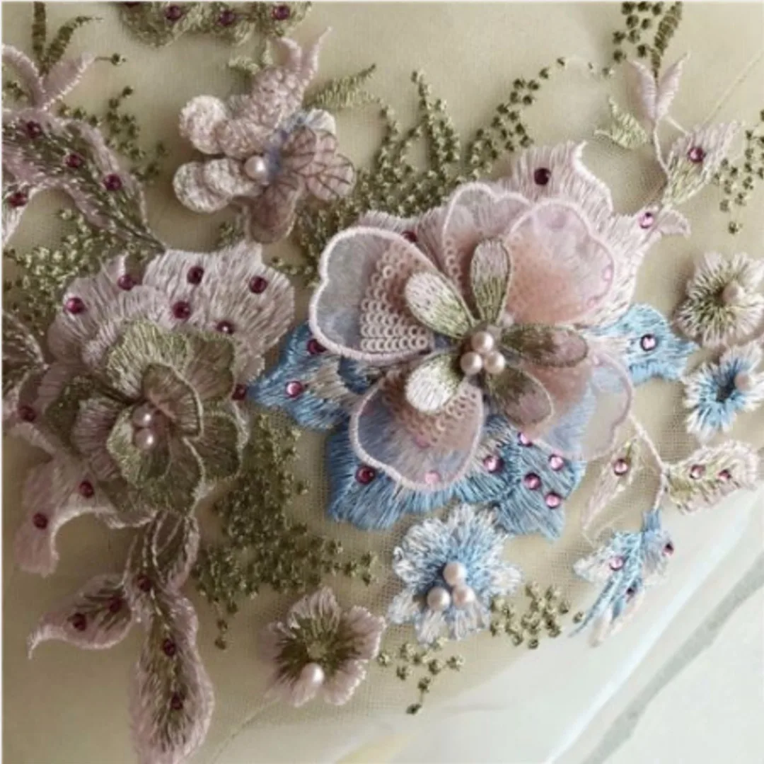 Pearl Beaded 3D Flowers Lace Applique Wedding Dress Decoration Floral Patch