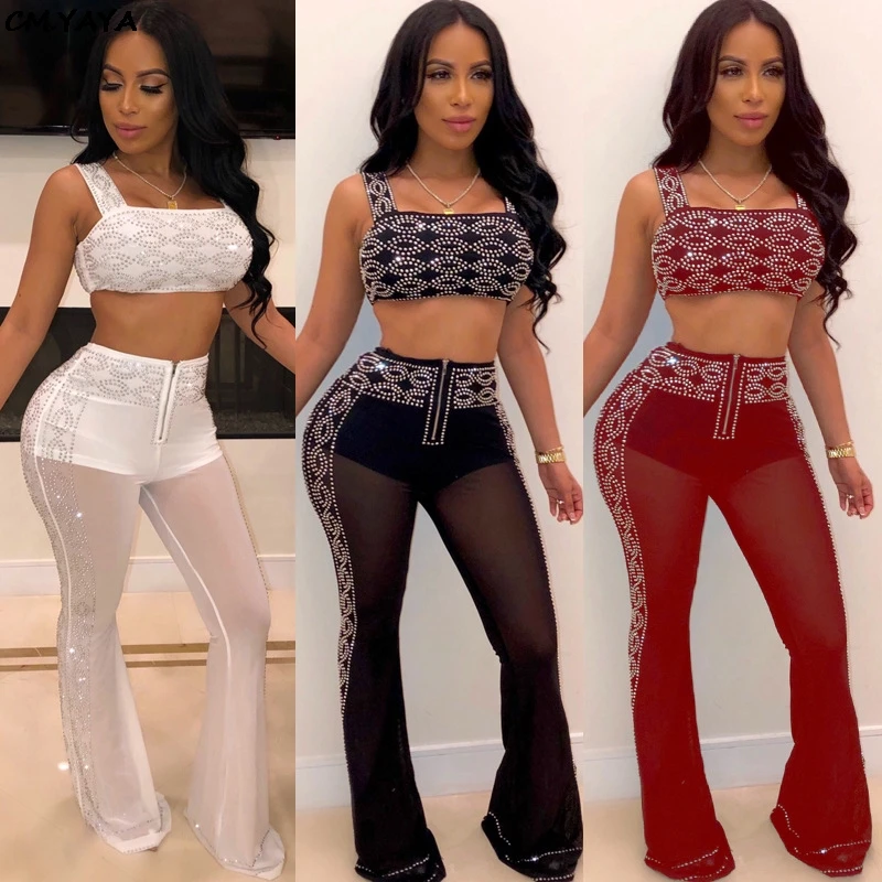 

new women summer hot drilling rhinestones geometric tank top wide leg mesh see though pants suit two piece set tracksuit GLM2716