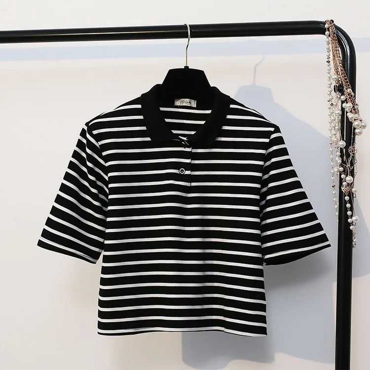 MERRY PRETTY Новая летняя полосатая дизайнерская женская футболка, Модный хлопковый укороченный топ с отложным воротником и пуговицами, Повседневная футболка с коротким рукавом - Цвет: Черный