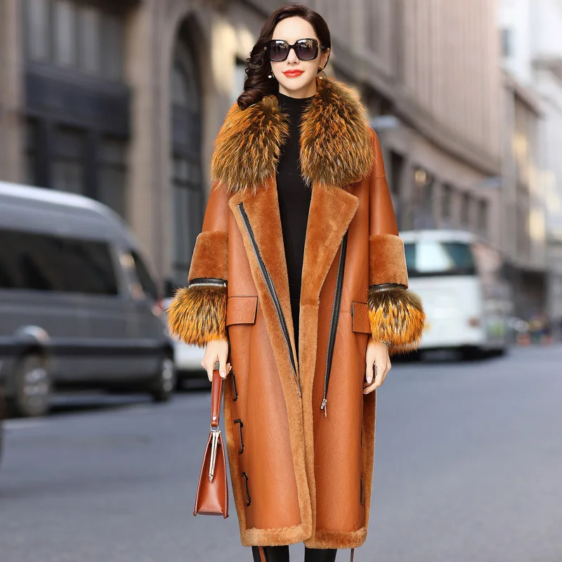 

Real Fur Coat Women Genuine Leather Sheep Shearling Winter Coat Women Natural Raccoon Fur Collar Windbreaker BT18H09 YY731