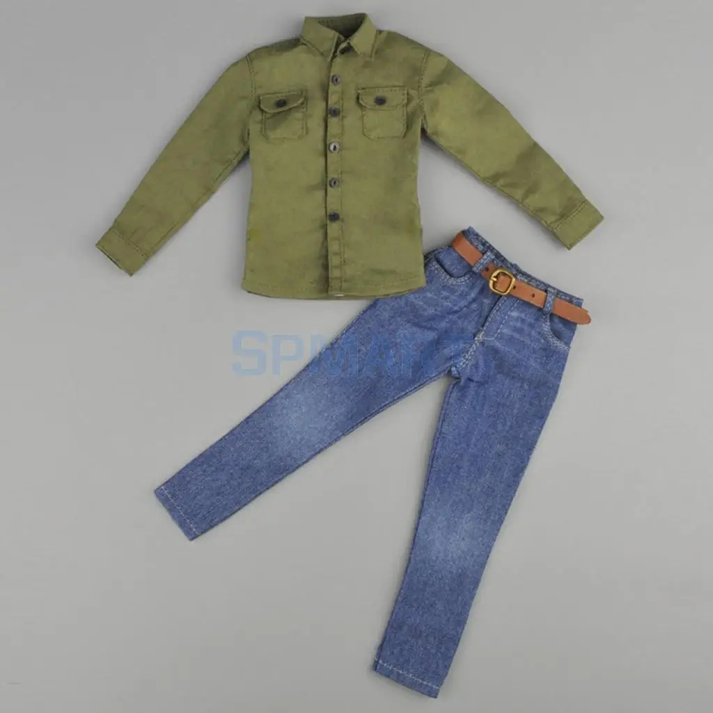 1/6 Scale Army Green Long Sleeve Shirt Jeans Belt Set Outfits Clothes for 12'' Action Figure Hot Toys Sideshow Dragon Accessory