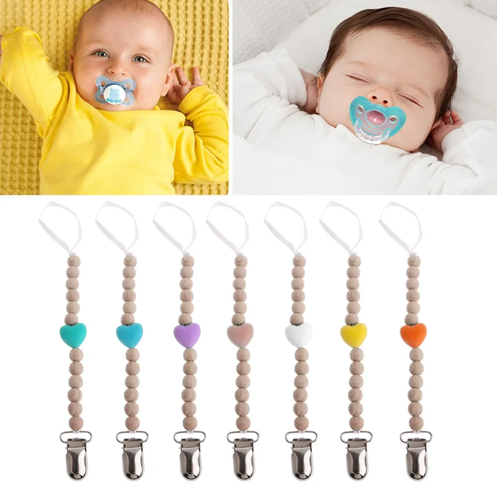 Baby Teething Chain Silicone & Wood Pacifier Clips Holder Dummy Clip