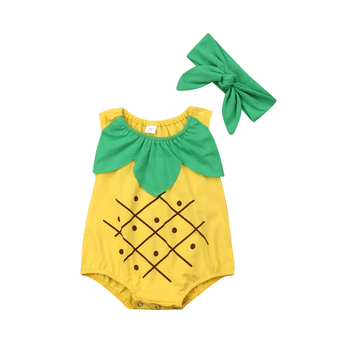 

Infant Kids Baby Boys Girls Clothes Sets Yellow Pineapple Sleeveless Romper Jumpsuit Green Bow Headband Newborn Outfits 0-18M
