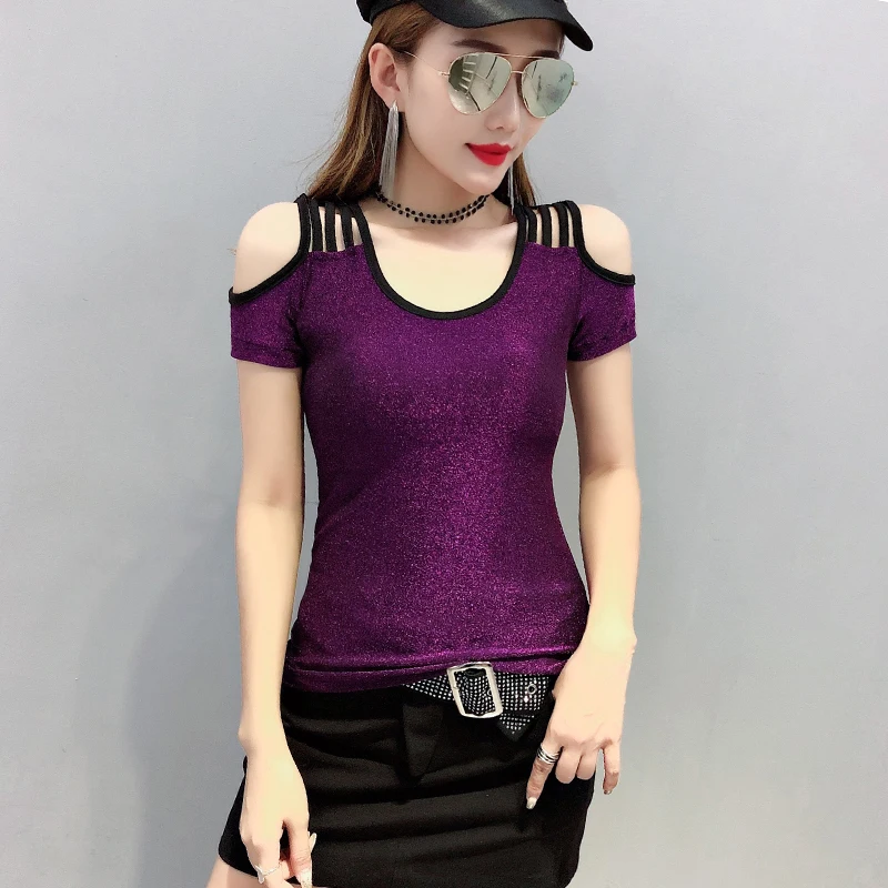 Сексуальная футболка с открытыми плечами и круглым вырезом, Лоскутная модель, летняя женская футболка с коротким рукавом и открытой спиной T95805L - Цвет: Purple tshirt