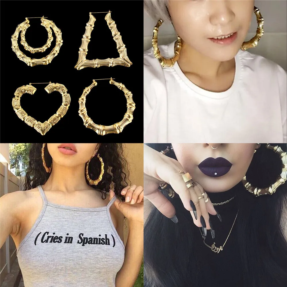 

SOHOT New Ethnic Style Geometric Hoop Earrings Gold Silver Color Alloy Tone Bamboo Punk Women Big Hollow Creole Women Bijoux