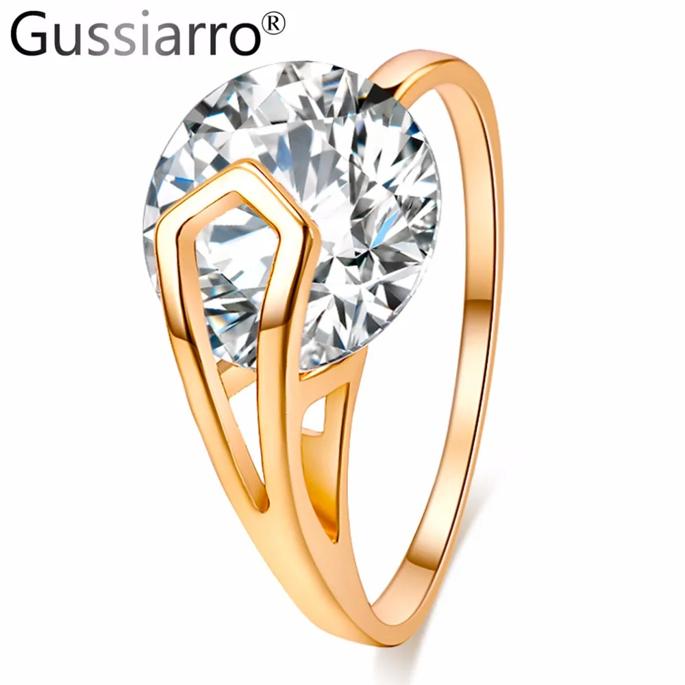 

Gussiarrro Trendy New Summer Fine Jewelry Ring Gold-Color Clear Round AAA Cubic Zirconia Ring for Women Valentine Gift