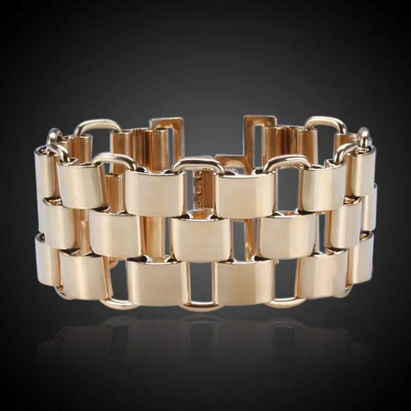 Для женщин широкий браслеты для s Нержавеющая сталь Уникальный золотой цвет толстые звено цепи браслет