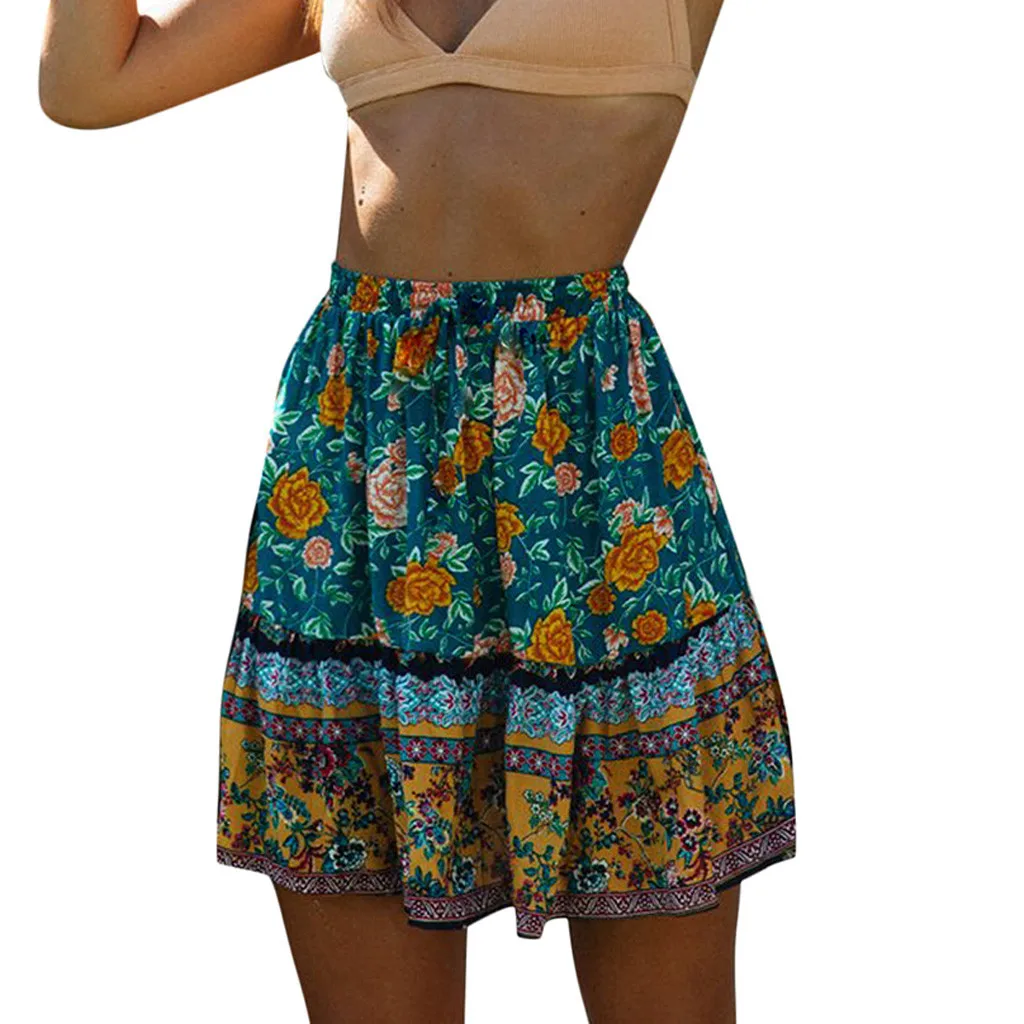 

FREE OSTRICH Women Skirt Bohemian Flower Print Beach Loose Multicolor Knee-Length Dignified Fashion Summer Short Skirt Under It