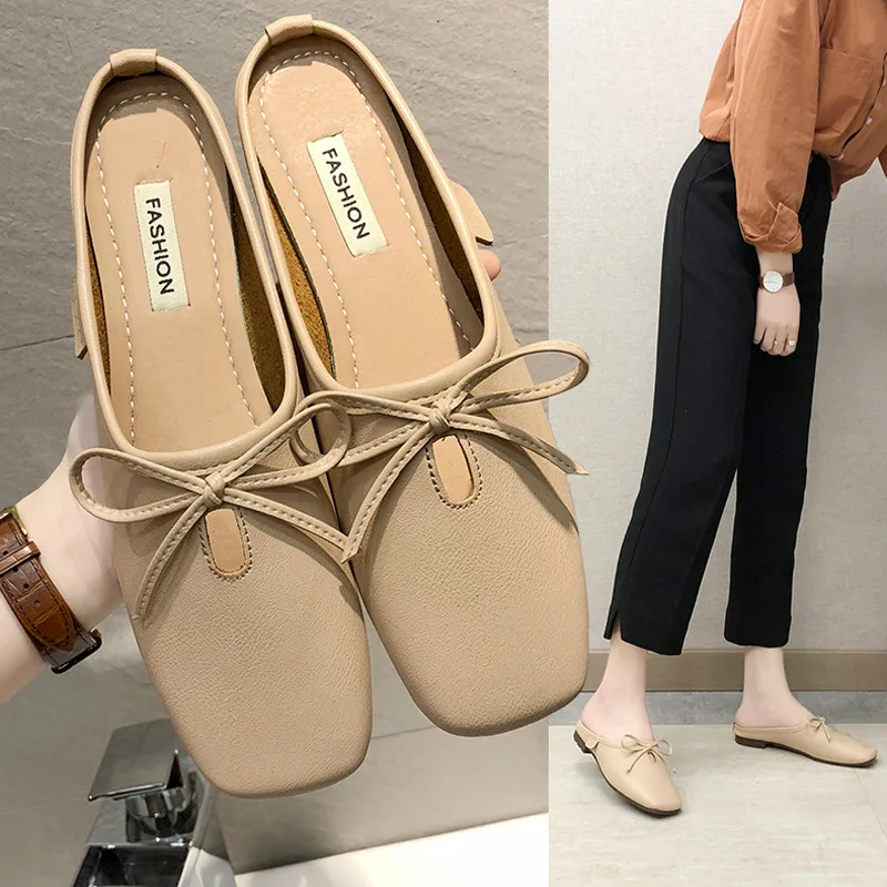

Square Toe Sandals Women High Quality Leather Mules Shoes Woman Low Heel slippers British style sandales femme flip flops