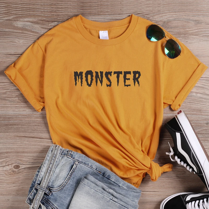 

ONSEME Newest Harajuku Tops Monster Letter Print T Shirt Female Halloween T Shirts Basic Cotton Tshirt Vintage Style Tees