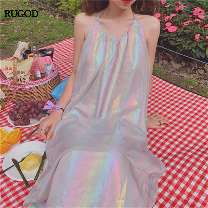 

RUGOD 2019 Korea summer women pink Shine spaghatti strap super fairy dresses double layer colorful casual lady sweet vestidos