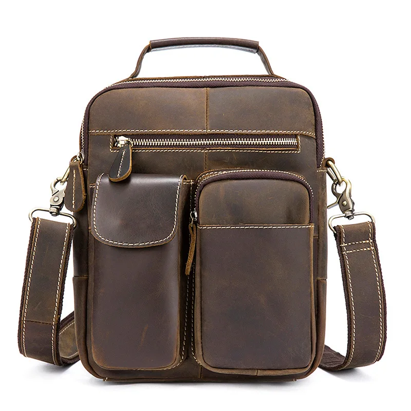 

2019 Fashion Retro Crazy Horse Genuine Leather Men Shoulder Bag 100% High Quality Multi Function Pocket Business Messenger Bags