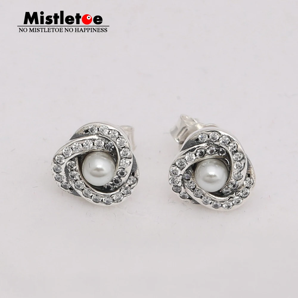 Authentic 925 Sterling Silver Luminous Love Knots, White Crystal Pearl