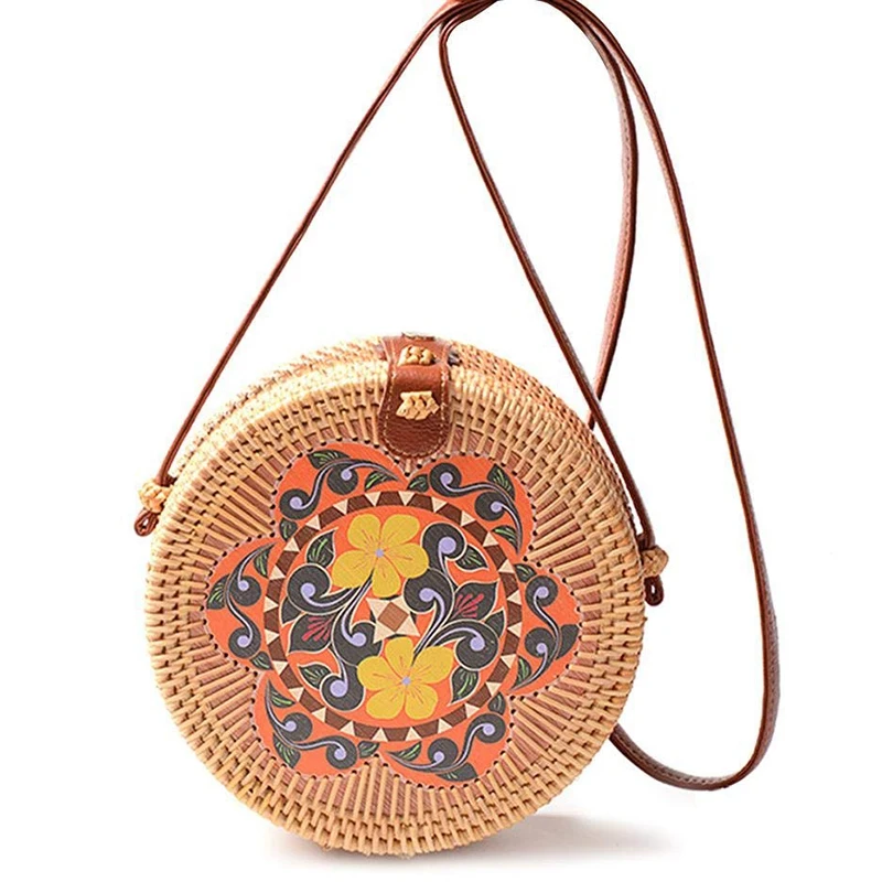 

Fashion-Handwoven Round Rattan Bag With Beautiful Print Handmade Beach Crossbody Bag Fashion Shoulder Leather Strap Bali Purse