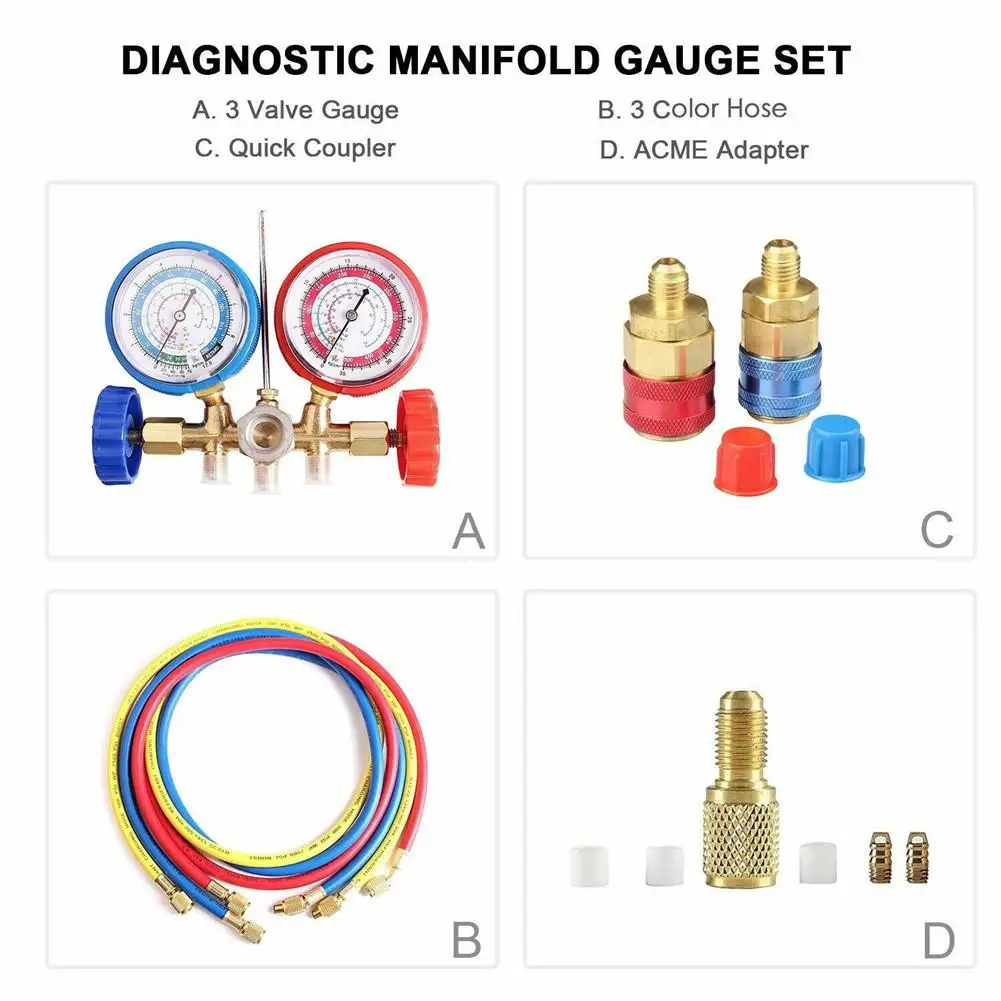 AC диагностический манометр, набор кондиционеров для R134A R12 R22 R502, воздушный хладагент, фторид, набор инструментов