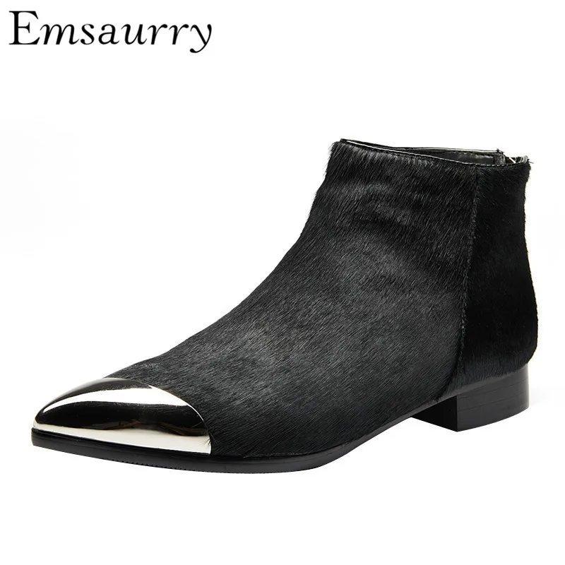 

Luxury Hose Hair Boots Women Metal Point Toe Back Zip Ankle Botas Chunky Square Heel Bottes 2020 Classic Fashion Boots Women