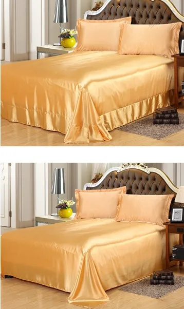 Gold Silk Bedding Satin Flat Fitted bed sheets 4PCS Sheet ...