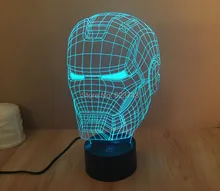 Бесплатная доставка 1 шт. 3D цвета мстители железный человек шлем модели из светодиодов ночник USB 3D из светодиодов настроение лампы для рождественских подарков