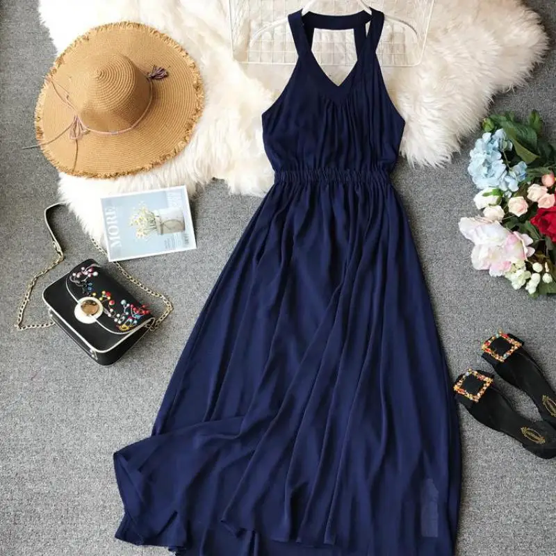 

Vintage Boho Halter Long Robe 2019 New Summer Sexy V-neck Backless Bandage Dress Ladies Chiffon Party Dresses Femme Vestidos