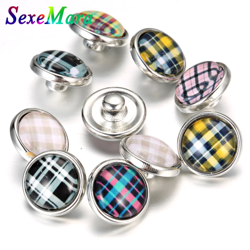 

20Pcs Selling Snap Button Jewelry Striped fabric graphics Round Glass Snap Buttons DIY 12mm Ginger Charms for Leather Bracelet