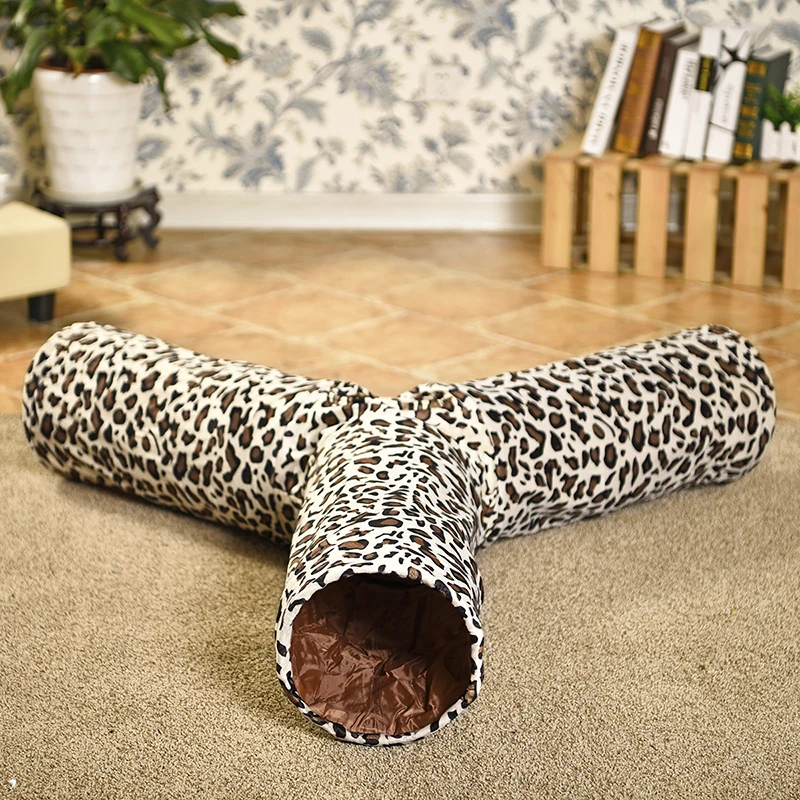 Туннель для домашних животных, 3 отверстия, Леопардовый котенок, игрушка с мячом, складная туннельная трубка для маленьких средних и больших кошек, кроликов