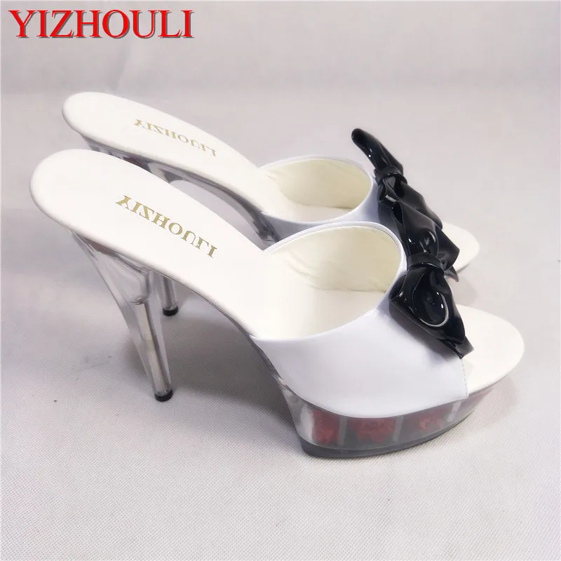 

15cm high heel rose decoration platform, bow sexy sandals transparent 6 inch crystal Sandals