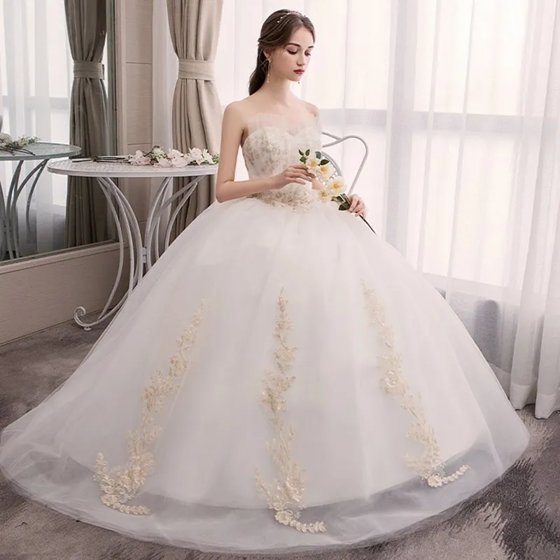 Gold Appliques Lace Wedding Dresses 2019 Ball Gown Sweetheart Vestidos de Novia Lace-Up Back Wedding Bridal Gowns (3)
