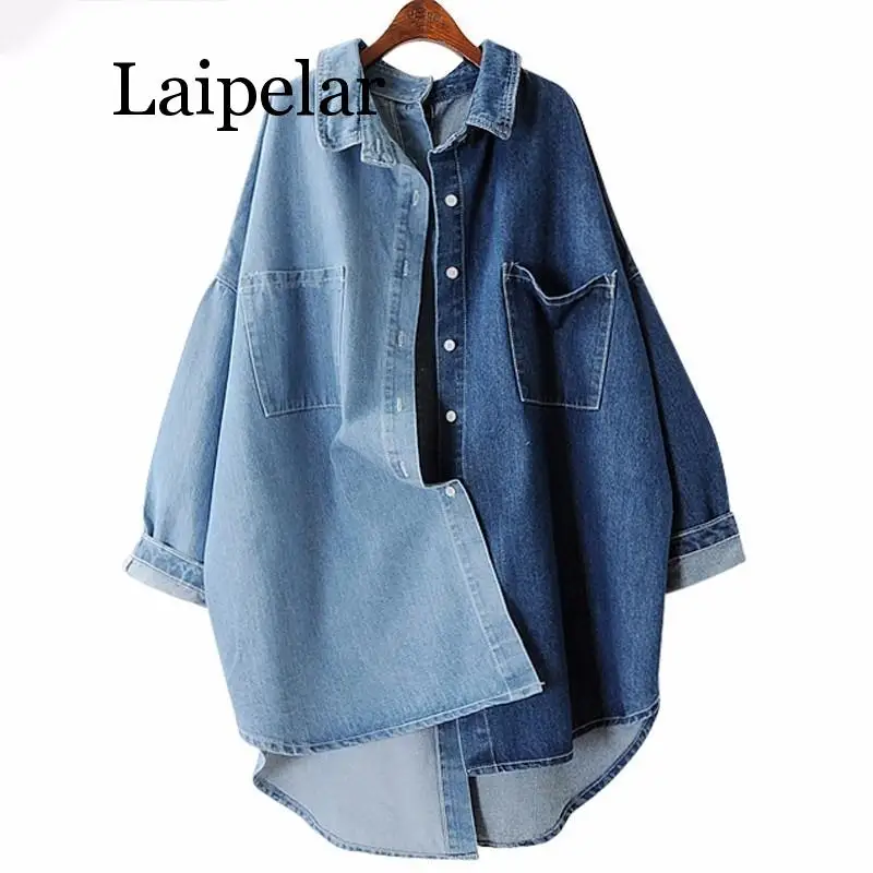 Laipelar 2019 Spring Autumn New Korean Tide Blue Turn-down Collar Batwing Sleeve Single Breasted Cotton Lady Coat