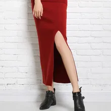 Новая осенняя и зимняя Однотонная юбка с разрезом длинная трикотажная юбка для женщин