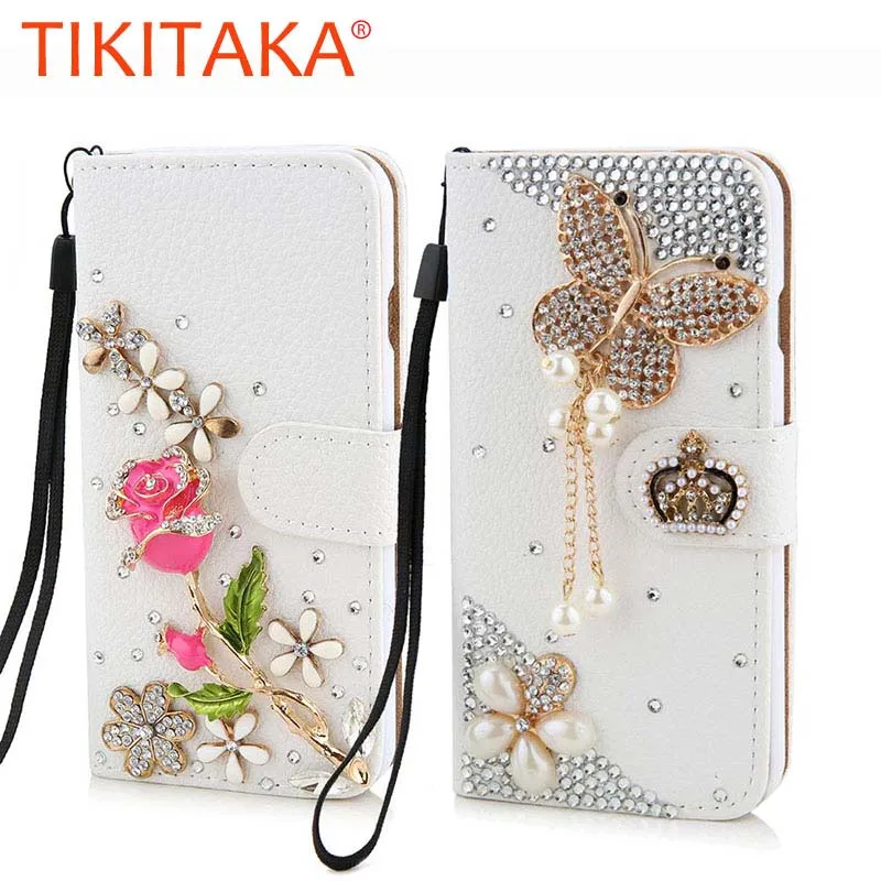 

Tikitaka Bling Wallet Flip case For Samsung Galaxy S7 S6 Edge Plus Cover Crystal Rose flower Hand-made Case For Samsung S3