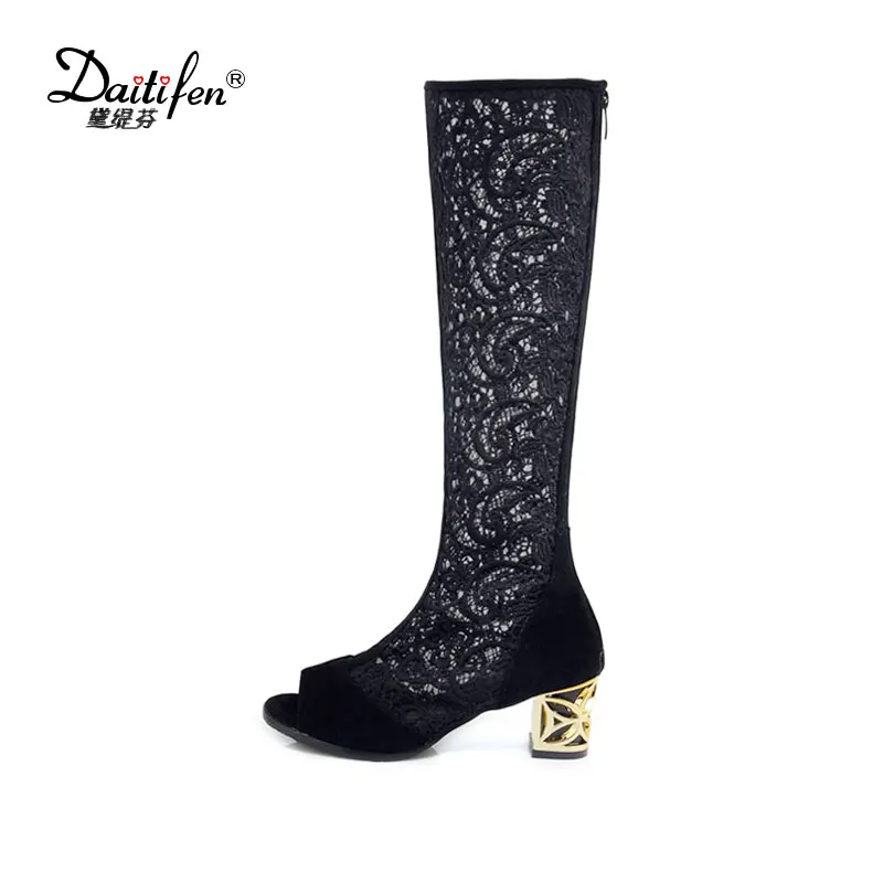 

Daitifen Cut Out Lace Knee High Summer Boots Carved Heel Breathable Mesh Gladiator Boots Women Sexy Peep Toe Shoes Woman Black