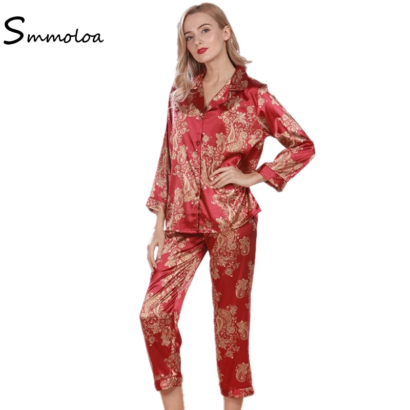 

Smmoloa Sexy Silk Pajamas Print Satin Home Wear Silk Pijamas Long Sleeve New