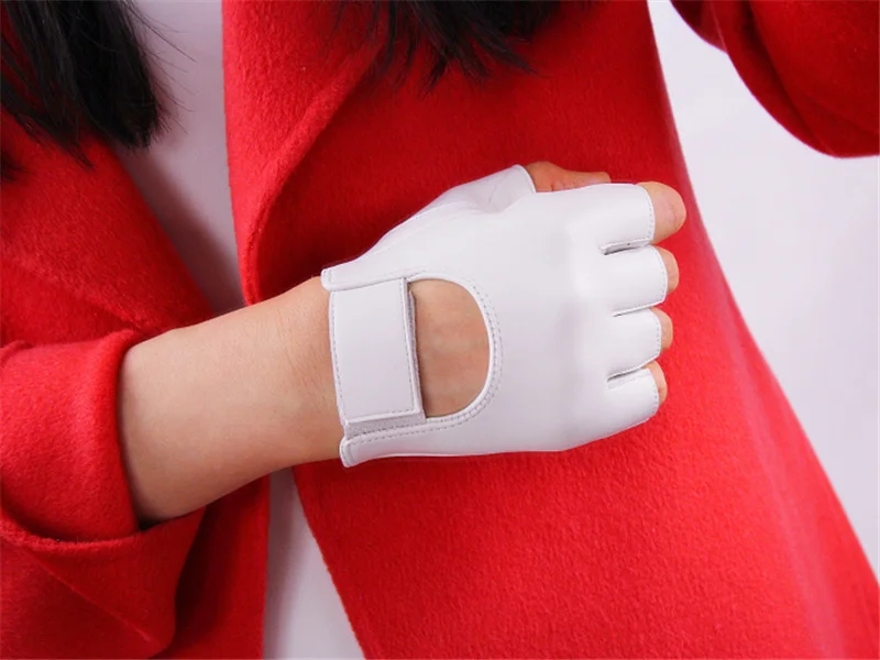Женские перчатки с открытыми пальцами из натуральной кожи, перчатки из чистой овчины, коричневые, белые, красные женские перчатки без пальцев, TB10