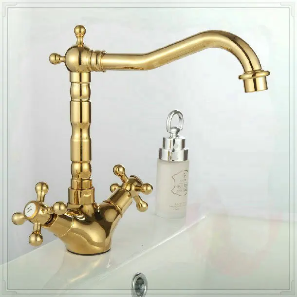 three holes Retro Golden Faucets Double Handle Basin Mixer Tap Noble Gorgeous Swivel Sink Faucet torneira eletrica banheir | Обустройство