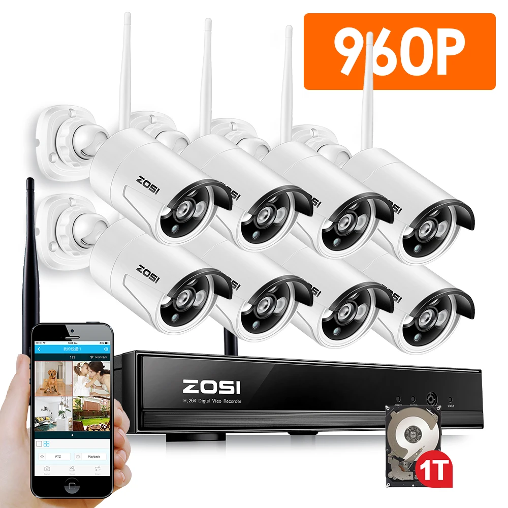 ZOSI 8-КАНАЛЬНЫЙ Системы ВИДЕОНАБЛЮДЕНИЯ Беспроводной 1080P NVR 8 ШТ. 1.3MP ИК Открытый P2P Wi-Fi IP CCTV Камеры Безопасности Системы Видеонаблюдения Kit 