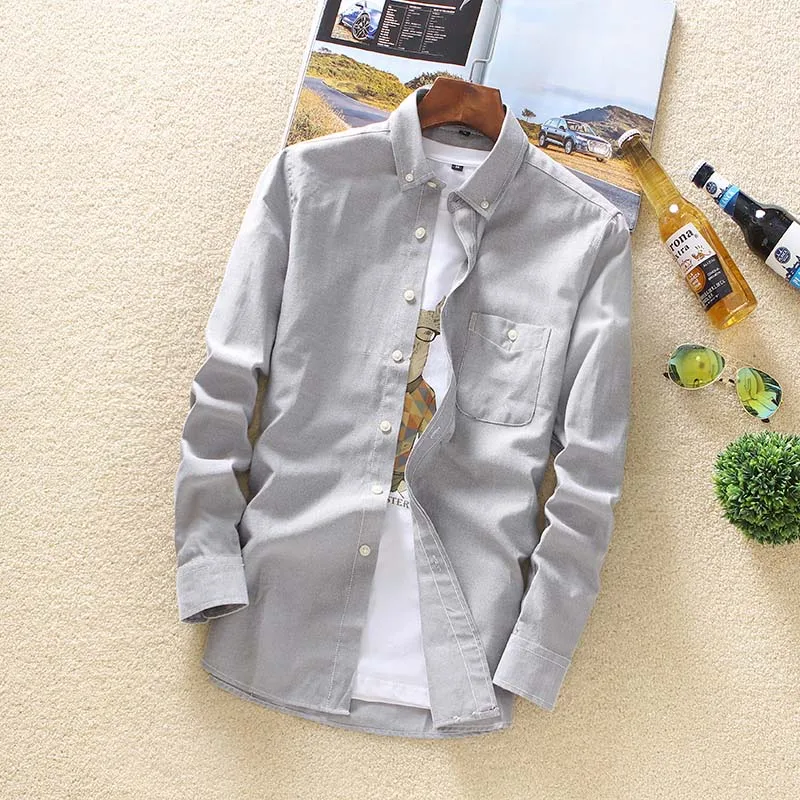 Осенние рубашки, мужские Модные приталенные рубашки, повседневные однотонные облегающие белые рубашки с длинным рукавом, импортные мужские блузки размера плюс 5XL - Цвет: grey