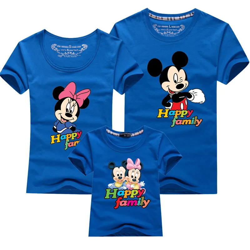 Новая летняя одежда с короткими рукавами и рисунком Микки из мультфильма; милые одинаковые комплекты для семьи высокого качества; хлопковая детская одежда для мальчиков и девочек; детская футболка - Цвет: Blue