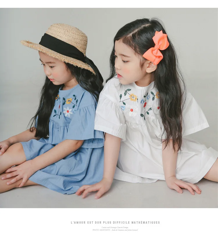 cotton embroidery girls summer dress flare sleeves princess summer girl dresses solid white blue kids clothing  4 5 6 7 8 9 10 11 12 13 14  years old little big teenage girls summer dress cotton  (10)