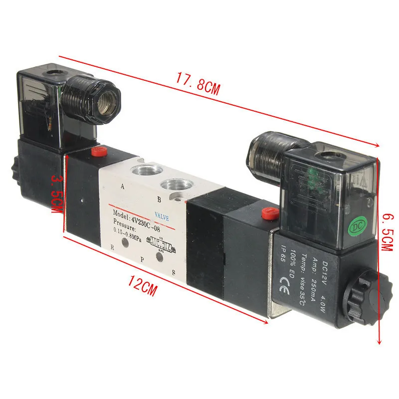 Высокое качество, 5 портов, 3 положения, 3/5 способ, двойная головка, соленоид, воздушный клапан, порт, центр, закрытый, 4V230C-08 DC12V, лучшая акция