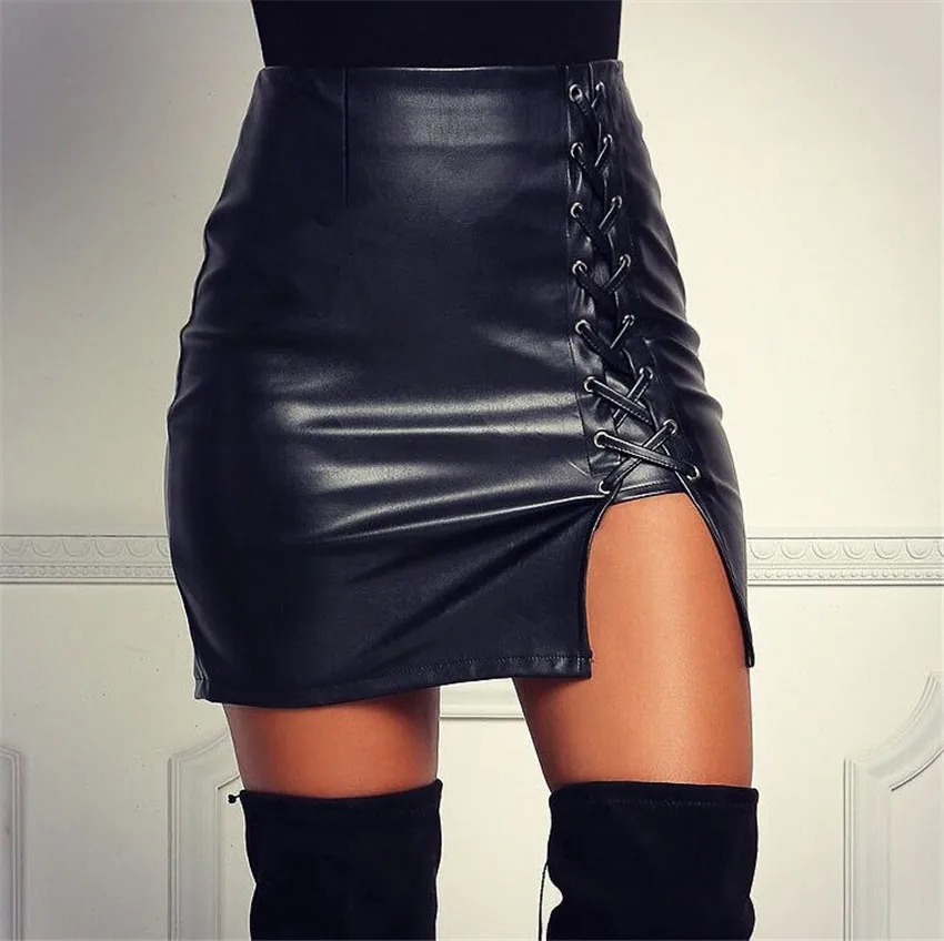 Женская короткая юбка с черным поясом с разрезом под юбку из искусственной кожи с высокой поясной сумкой и перфорированной короткой юбкой